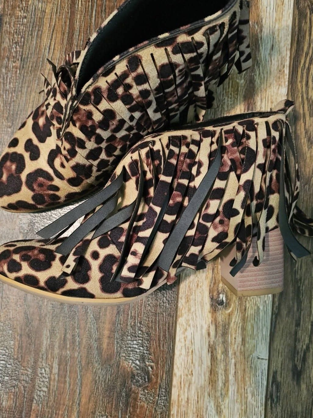 Leopard Print Fringe Ankle Boots - Women